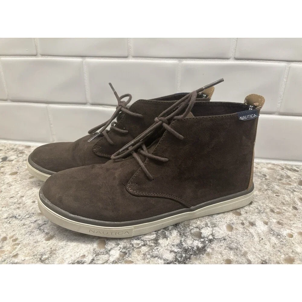 Boys Youth Size 6 Casual Low Boots Lace Up Faux‎ Leather Brown Nautica EUC